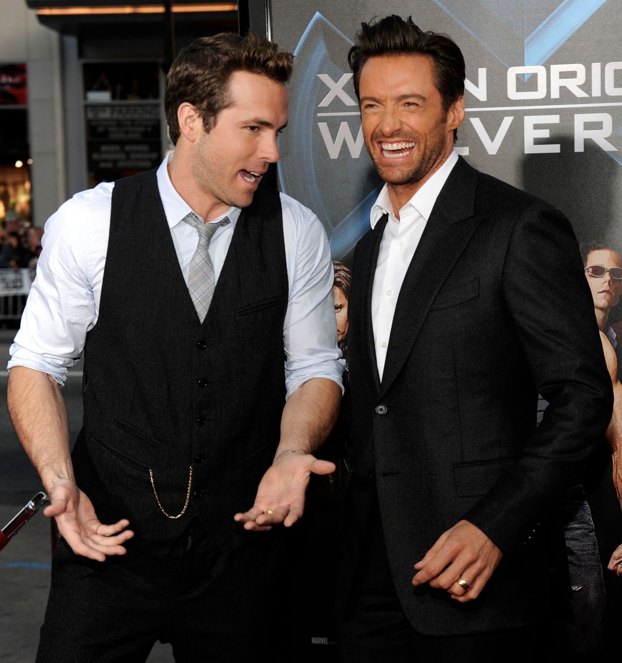 Ryan Reynolds, left, and Hugh Jackman arrive to the "X-Men Origins: Wolverine" screening on Tuesday April 28, 2009, in Los Angeles. (AP Photo/Chris Pizzello)