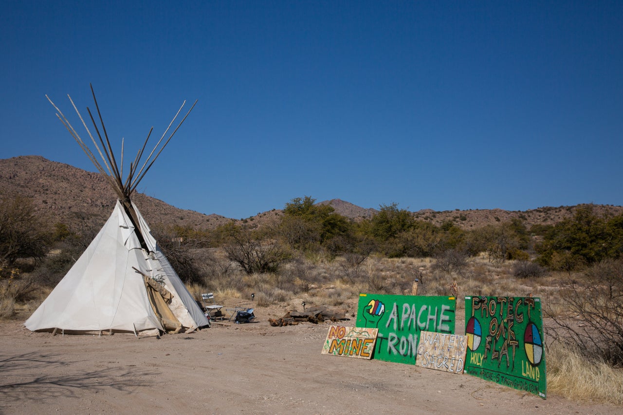 Nosie’s camp at Oak Flat on Jan. 9. Later in the day, he and fellow Apache Stronghold members moved the camp deeper into the Emery oak grove.