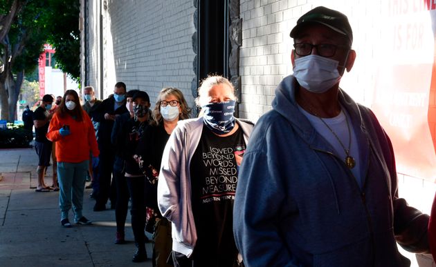 People wait in line for COVID-19 antibody testing in Whittier, California, on Jan.