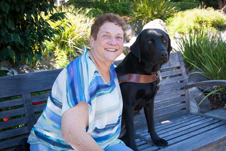 The author and her guide dog, Dime, pictured on Guide Dogs for the Blind's campus in San Rafael, California.