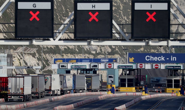 Lorries arrive at the Port of Dover in Kent one week on from the introduction of post-Brexit regulations