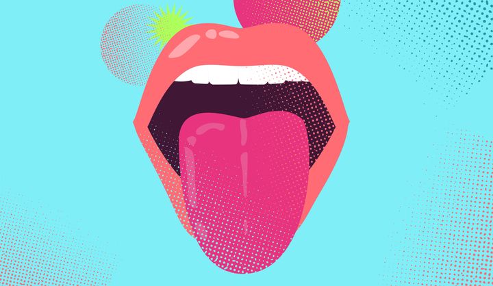 Colorful woman lips with stick out tongue on blue halftone textured background