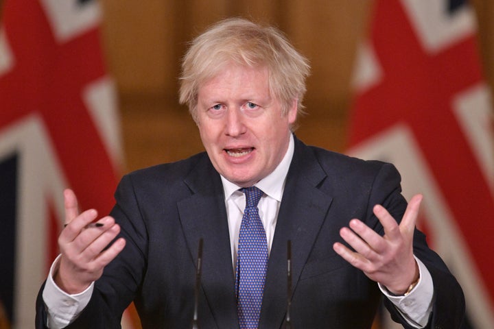 Britain's Prime Minister Boris Johnson speaks during a virtual press conference on the novel coronavirus COVID-19 pandemic, at 10 Downing Street in central London on January 15, 2021. - British Prime Minister Boris Johnson on Friday urged the public to obey the national lockdown as coronavirus deaths continued to rise steeply but new case numbers fell this week. (Photo by Dominic Lipinski / POOL / AFP) (Photo by DOMINIC LIPINSKI/POOL/AFP via Getty Images)