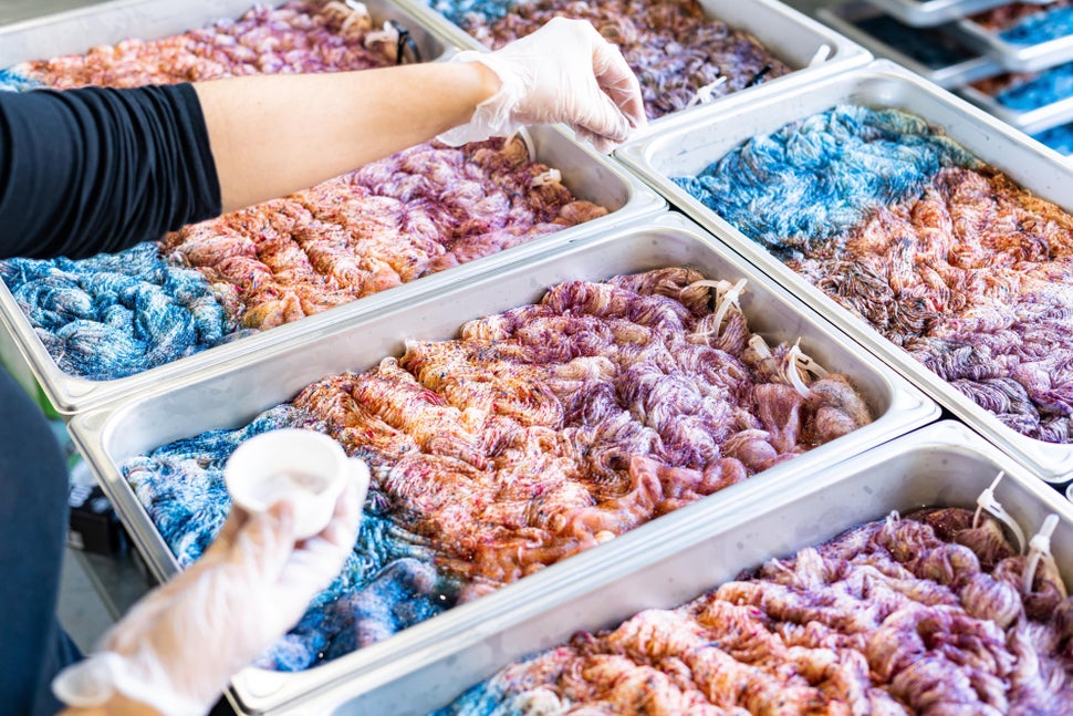 Sewrella Yarn in the making, being batch-dyed in pans.