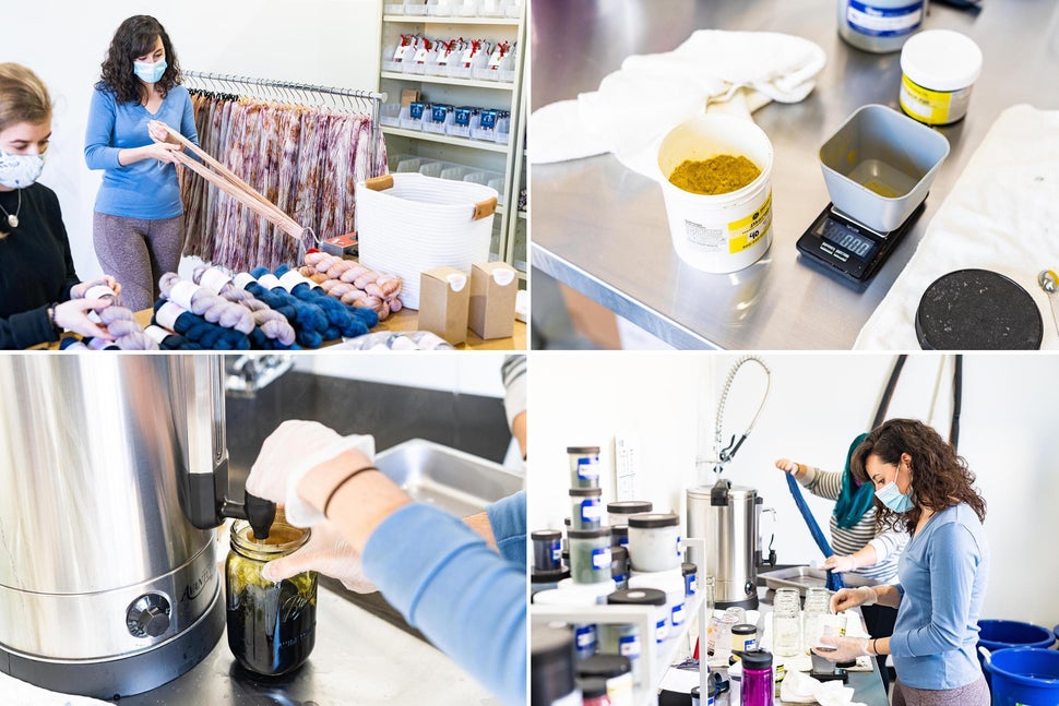 Hand-dyeing yarn at a large scale is a complicated, multi-step process that requires a great deal of skill, organization, equipment and space.