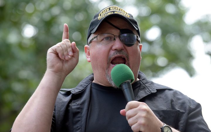 Stewart Rhodes, founder of the citizen militia group known as the Oath Keepers speaks during a rally outside the White House in Washington, Sunday, June 25, 2017. Rhodes was one of many speakers at the "Rally Against Political Violence," that was to condemn the attack on Republican congressmen during their June 14 baseball practice in Virginia and the "depictions of gruesome displays of brutality against sitting U.S. national leaders." (AP Photo/Susan Walsh)