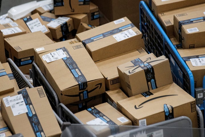 Packages are seen inside Amazon's distribution center in Staten Island, New York, late last year. Amazon workers at an Alabam