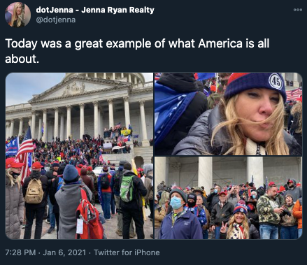 Jenna Ryan tweeted about her involvement in the Jan. 6 insurrection, including posting photographic evidence.