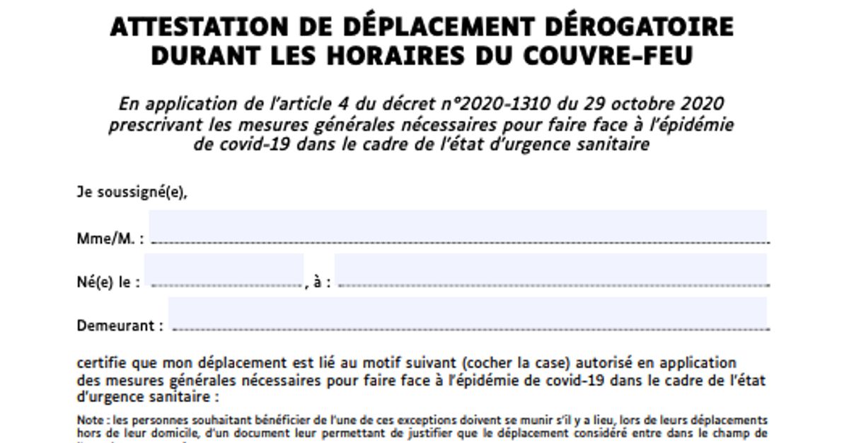 L'attestation de déplacement pour le couvre-feu à 18h | Le ...