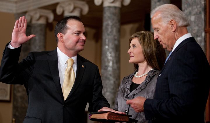 Sen. Mike Lee (R-Utah), shown here in a reenactment of his swearing-in ceremony, said that an expanded tax credit would "alleviate child poverty and continue to lower the parent tax penalty.”