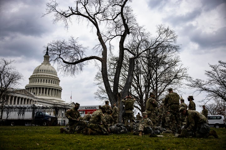 National Guard troops are seen on the lawn of the U.S. Capitol on Jan. 15.