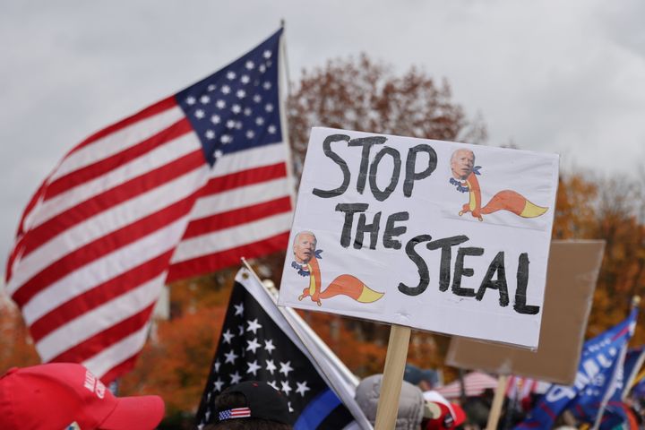 A placard reading "Stop the steal" is seen during a protest after media announced that Democratic presidential nominee Joe Biden had won the election.