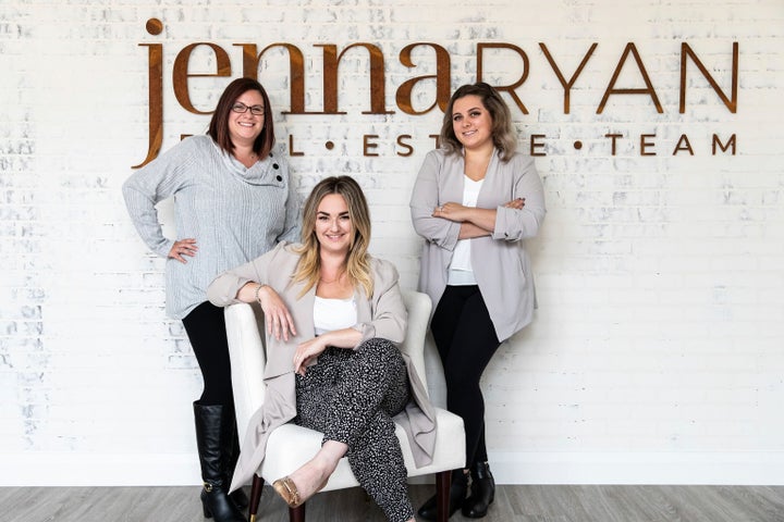 Jenna Ryan, centre, assistant Lise, left, and team member Sydney in Sudbury, Ont., have been trying to correct all the people who think she's the same Jenna Ryan who rioted in the U.S. Capitol on Jan. 6, 2021.