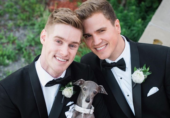 Thomas Shapiro, left, with his husband Louis on their wedding day in 2018. Tika, naturally, was the ring-bearer.