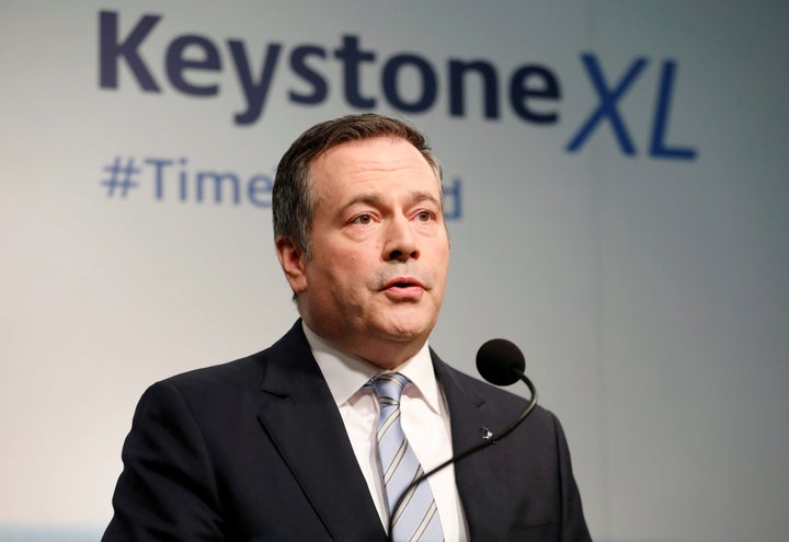 Alberta Premier Jason Kenney delivers a statement on the construction of the long-delayed 8 billion dollar Keystone XL crude oil pipeline project, in Calgary, Alta., March 31, 2020. 