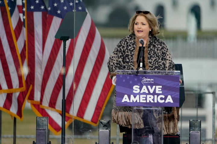 In this Jan. 6, 2021 file photo Amy Kremer, Chairwoman of Women for America First, speaks in Washington, at a rally in suppor