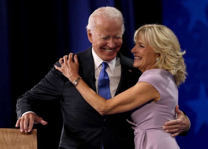 Jill Biden with her husband on the fourth night of the Democratic National Convention on Aug. 20, 2020.