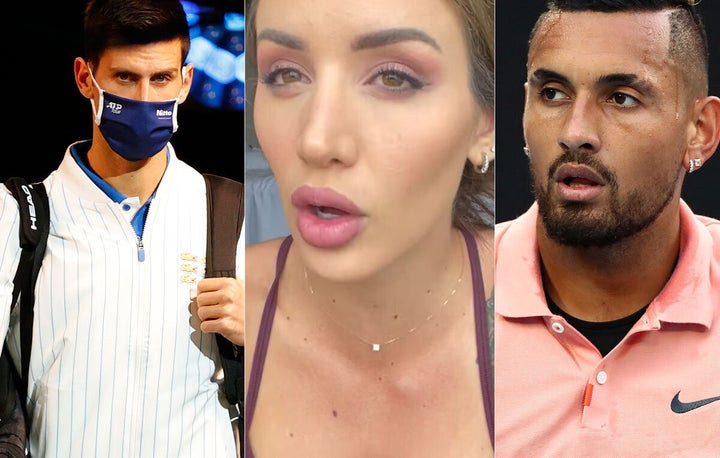 Australian tennis player Nick Kyrgios (R) has no time for Australian Open players such as Novak Djokovic (L) and partners like Bernard Tomic's girlfriend Vanessa Sierra (C) moaning about hotel quarantine.