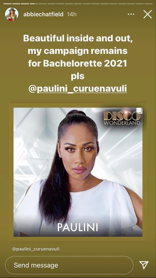 'The Bachelor Australia' star Abbie Chatfield has called for 'I'm A Celeb' co-star Paulini Curuenavuli to be the next 'Bachelorette'.