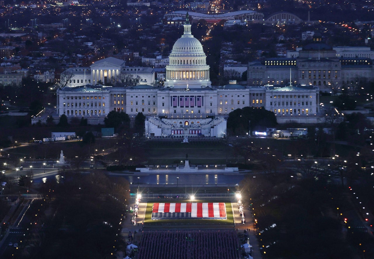 The striking display fills the space where thousands of people would usually stand to witness history unfold.