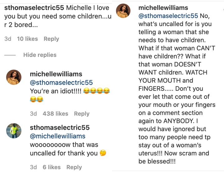 Michelle Williams responded to a comment on Instagram.