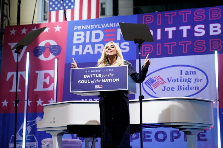 Lady Gaga speaks before performing during a drive-in rally for Joe Biden in Pittsburgh on Nov. 2, 2020.