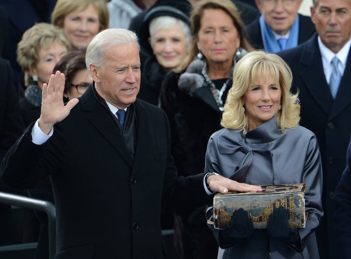 Joe Biden is sworn-in as vice-president with his wife Jill on Jan. 21, 2013, in Washington, DC.