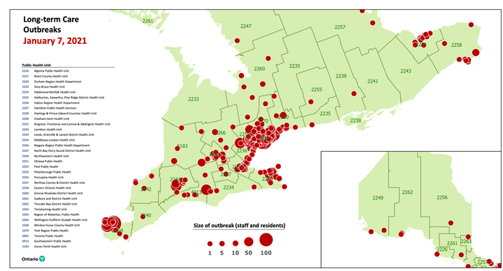 A map of COVID-19 outbreaks in Ontario's long-term care homes on Jan. 7, 2021, provided to journalists last week.