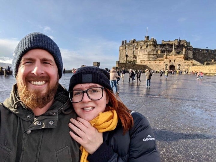 Stranded: Amy Webster, originally from Brisbane, and fiancé Ben Goodwin, originally from South Australia, pictured in Edinburgh.