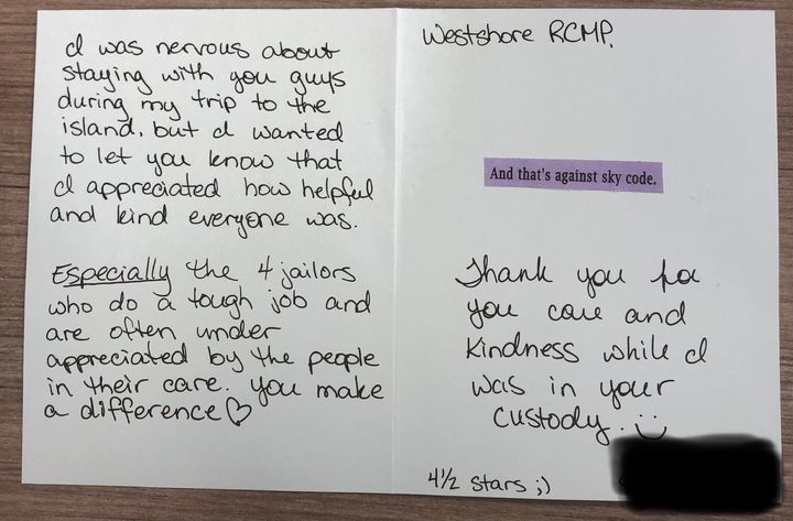 A card received by West Shore RCMP this week. 