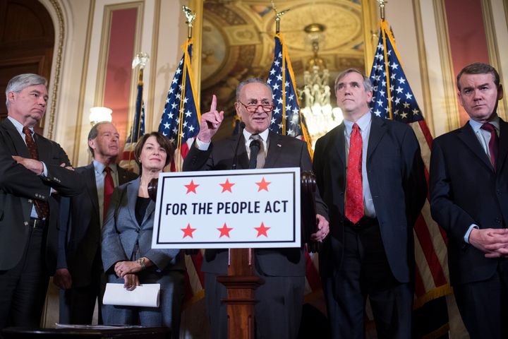 Senate Democrats introduced the Senate version of the For the People Act (S. 1) on Tuesday. In 2019, Senate Minority Leader Chuck Schummer (center) first introduced the bill.