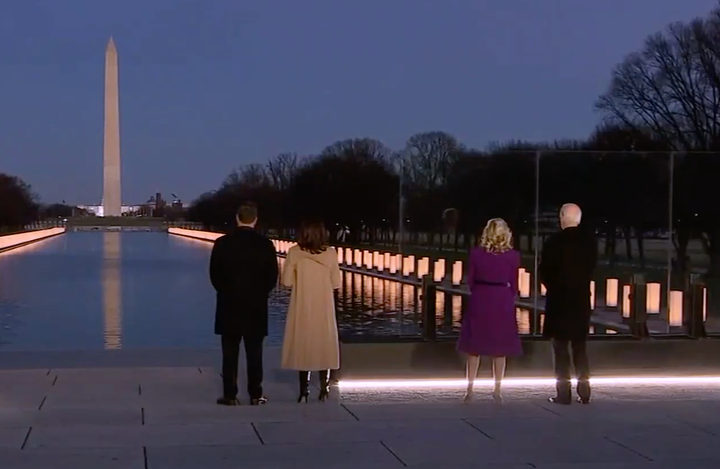 Joe Biden (right) with spouse Jill Biden and Kamala Harris (center) with spouse Doug Emhoff at the coronavirus memorial event