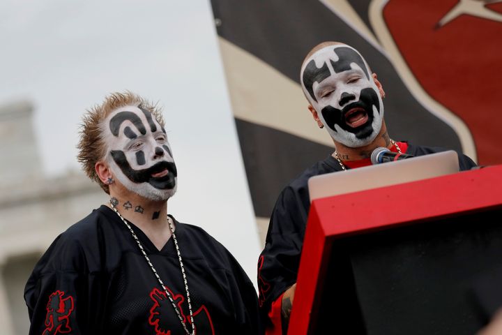 Insane Clown Posse members Joseph Utsler, known by his stage name Shaggy 2 Dope, and Joseph Bruce, known by his stage name Violent J, speak during the Juggalo March in Washington on Sept. 16, 2017. 