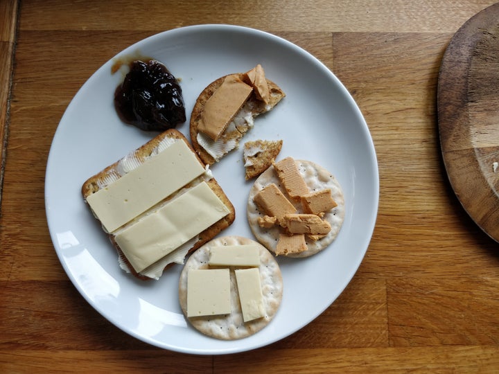 Cheeseboard featuring I Am Nut OK's PapaRica and VioLife epic mature cheddar.