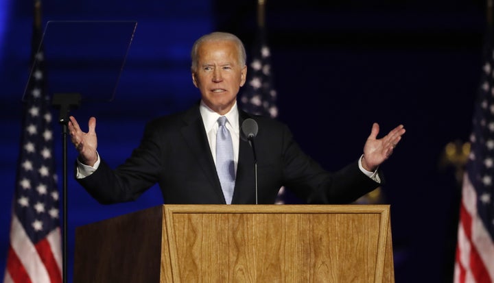 Joe Biden delivers his victory address after being declared the winner in the 2020 presidential election in Wilmington, Del. on Nov. 7, 2020.