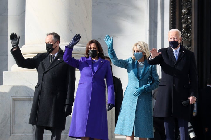 From left: Emhoff, Harris, Jill Biden and President Joe Biden wave as they arrive at the U.S. Capitol ahead of the inauguration.