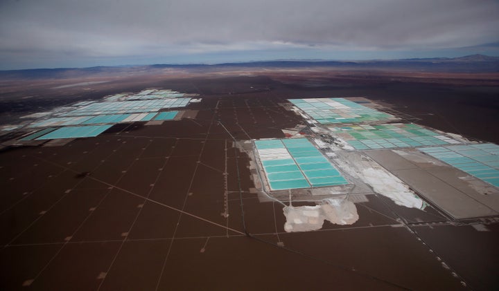 An aerial view shows the brine pools of SQM lithium mine on the Atacama salt flat in the Atacama desert of northern Chile.