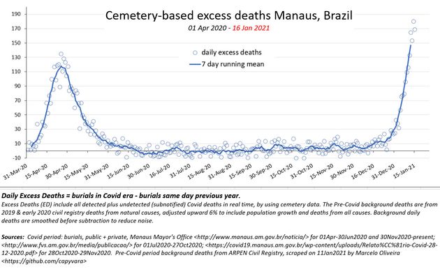 La surmortalité quotidienne à Manaus depuis le mois de mars 2020