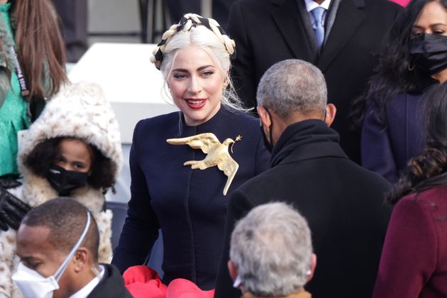 Lady Gaga arrives to sing the national anthem at the inauguration. 