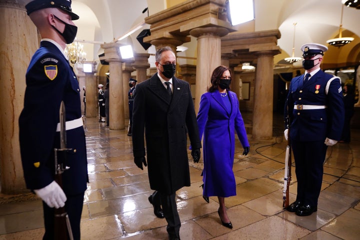 Vice President Kamala Harris arrives at the inauguration with her husband Doug Emhoff.