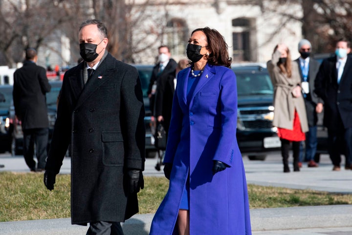 Vice President Kamala Harris and her husband, Doug Emhoff, arrive at the U.S. Capitol on Wednesday.