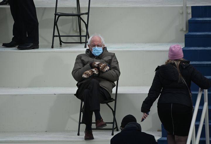 Sanders' practical inauguration look inspired many memes. Above, he sits in the bleachers on Capitol Hill before Joe Biden is sworn in as the 46th U.S. President on Jan. 20.