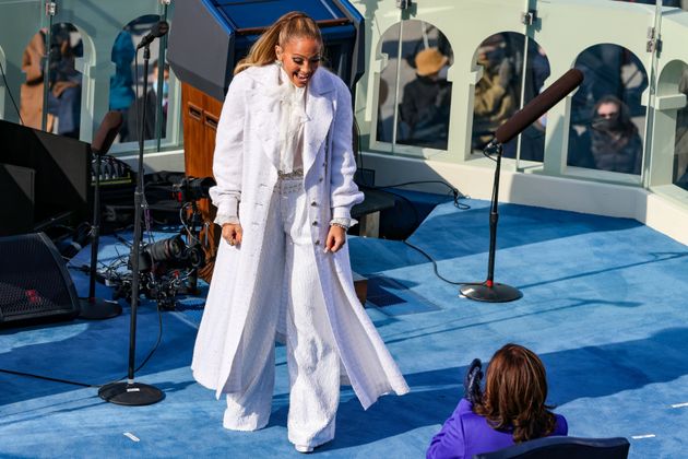 Jennifer Lopez greets vice-president Kamala Harris.