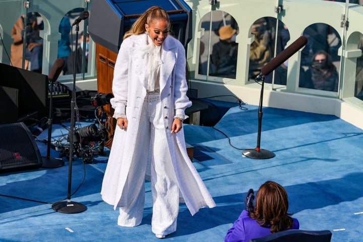 Jennifer Lopez greets vice-president Kamala Harris.