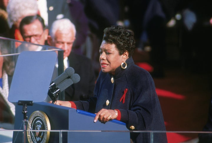 Maya Angelou reciting her poem On the Pulse of Morning at Bill Clinton's inauguration in 1993. She's wearing a Chanel coat given to her by Oprah Winfrey.