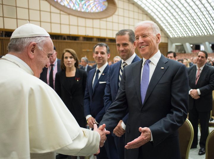 Pope Francis meets then Vice President Joe Biden at the Vatican on April 29, 2016. 