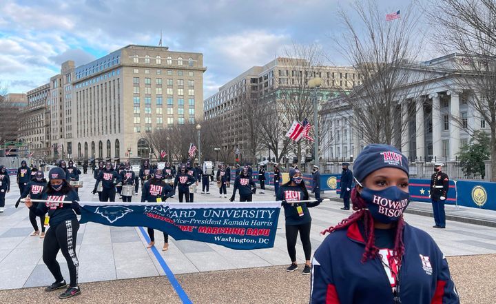 The Howard University Showtime Marching Band participates in a rehearsal of the parade down Pennsylvania Avenue in Washington