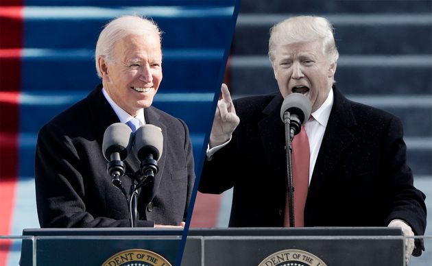 L'investiture de Joe Biden, antithèse de Donald Trump (photos de Joe Biden le 20 janvier 2021 et Donald Trump le 20 janvier 2017, Maxime Bourdeau/Le HuffPost/ AFP/Getty)