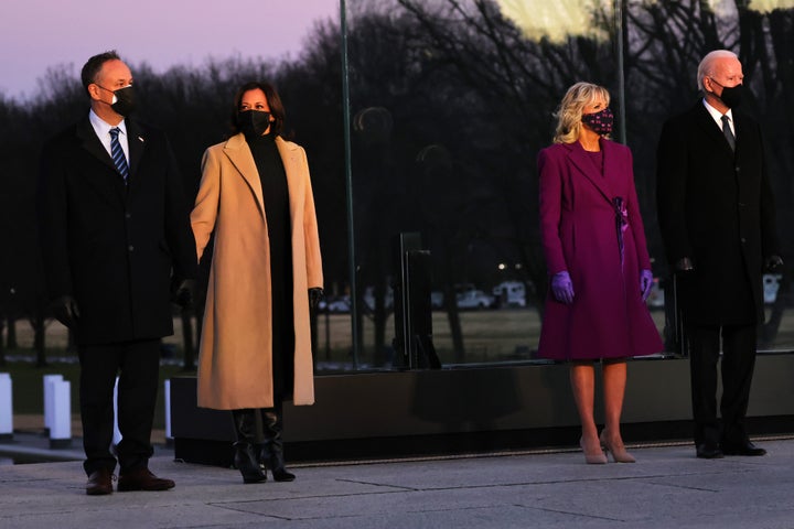 Doug Emhoff, Kamala Harris, Dr. Jill Biden and Joe Biden at a memorial for victims of the coronavirus pandemic at the Lincoln Memorial on Tuesday.