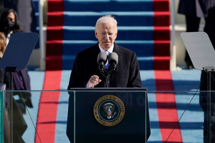 Joe Biden delivers a speech after being sworn in as the 46th president of the United States during the 59th Presidential Inauguration in Washington, DC on Jan. 20, 2021.